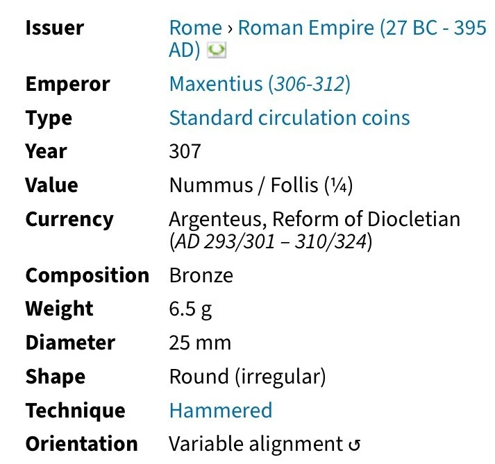 Antigua moneda romana emperador Majencio 306-312 dC Roma en templo genuino conservado Foto 4 de 4