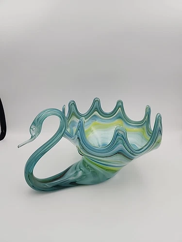Sooner Swan Stretch Glass Murano Style Hand Blown Blue/Green  Bowl Vase Vtg MCM