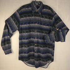 VTG Nautica Flannel Mens Med Blue Bear Striped Nature All Over Print Made in USA