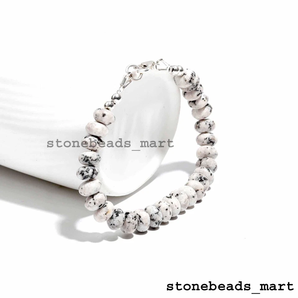 Bracciale Rondelle Lisce Argento 925 Quarzo Howlite Bianco 8-9 mm 7" - Immagine 2 di 4