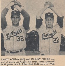 RARE  1961 Sandy Koufax and Johnny Podres Los Angeles Dodgers  magazine   item.