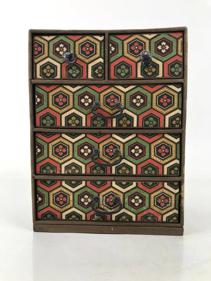 Japanese Chiyogami Paper Tansu Chest Vtg Haribako 5 Drawer Kikkou Hanabishi T403 - Image 2 of 4