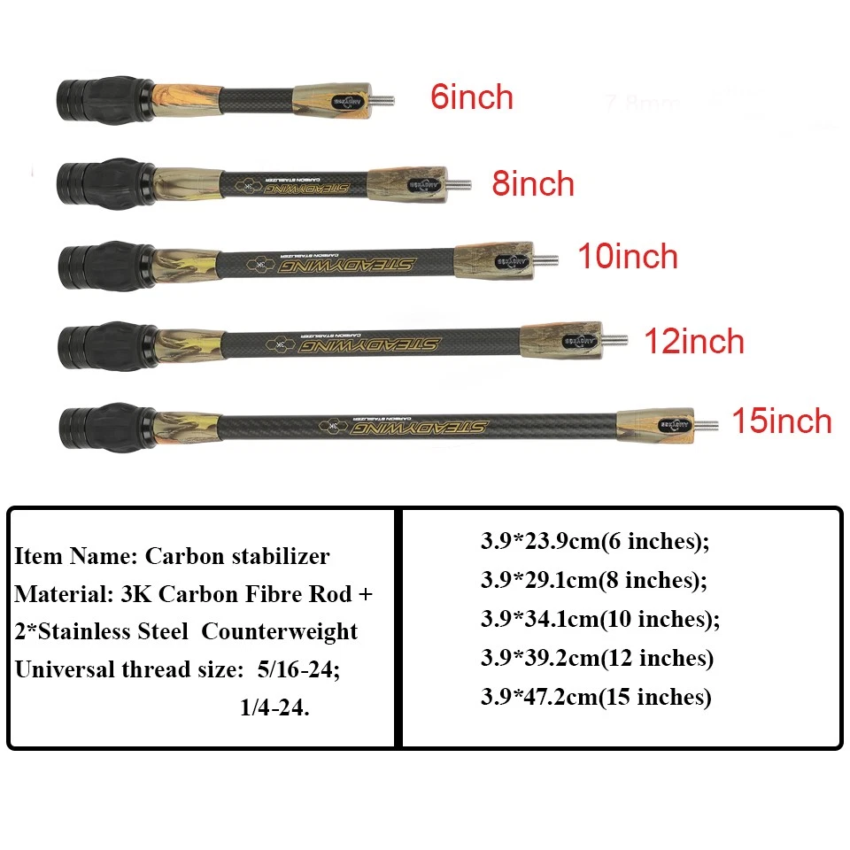 8" 10'' 12" 15" 3K Carbon Stabilizer Balance Bar Rod Damper Compound Bow Target - Image 2 of 4