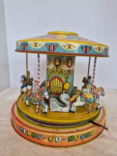 Vintage J Chein Tin Wind Up State Fair Carnival Circus Merry Go Round Horse Toy