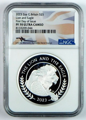 2023 £5 Great Britain Lion & Eagle Fine Silver Coin - NGC PF 70 UC - FDI- Signed