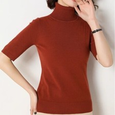 Women Turtleneck Sweater Short Sleeve Faux Cashmere Knit Jumper Bottoming Slim