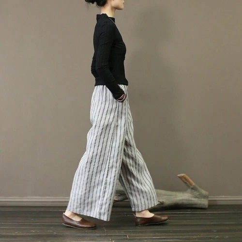 Women Cotton Linen Stripe Loose Wide Leg Trousers Drawstring Elastic Waist Pants - Bild 8 von 13