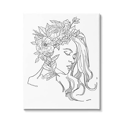 Stupell Industries Woman Face Detailed Blossoming Flowers Line Drawing Canvas...
