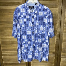 Nat Nast Mens Shirt L Short Sleeve Silk Blend Blue Bowling Geometric Hawaiian
