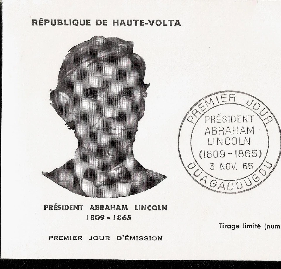 Abraham Lincoln 16º Presidente de EE. UU. Primer Día Cubierta 1965 Alto Volta Burkina Faso Foto 3 de 3