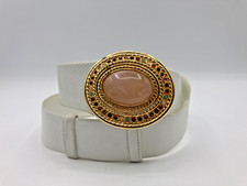 Vintage Judith Leiber White Lizard Belt With Round Pink Quart Jeweled Buckle