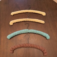 Lot of 4 Vintage Granny Handmade Crochet Knit Wood Hangers Yellow Blue Brown