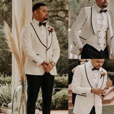 Ivory Men Suits 3 Piece Black border Shawl Lapel Formal Groom Wedding Tuxedos