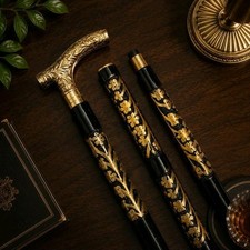 Vintage Gold Floral Carved Collapsible Walking Cane - Antique Style Stick
