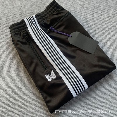 Men's Women Black Embroidered Needles Track Pants Green Classic Stripe Trousers