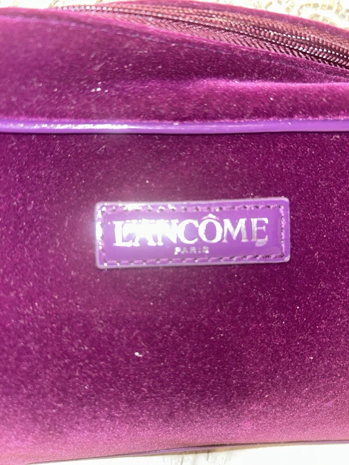 LANCOME FAUX SUEDE PURPLE/PLUM ZIPPER Cosmetic Bag W/FAUX FUR PULL NEW - Image 2 of 4