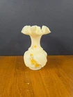 Vtg Fenton Hand Painted Custard Satin Glass Ruffled Vase