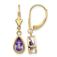 14k Yellow Gold Polished 26x7mm Pear Amethyst Bezel Leverback Dangle Earrings