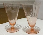 Vintage Pink Depression Glass Footed Floral Etched Glasses Excellent Condition0