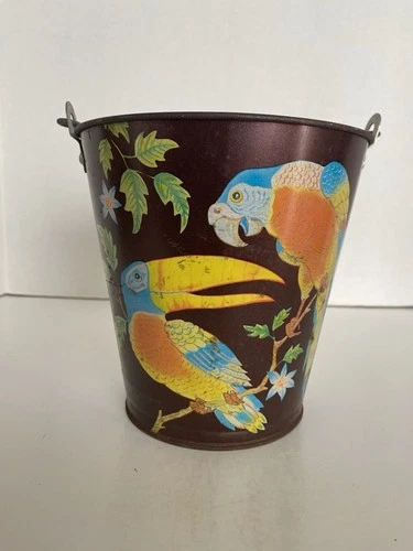 Vintage Ohio Art Tin Litho Sand Pail, Tropical Birds