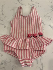 Florence Eiseman Girls Pink Stripe Floral Applique One Piece Swimsuit - 12 Month
