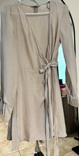 H&M Beige Wrap Dress Short XS V-Neck Long Sleeve Tie Casual Woven