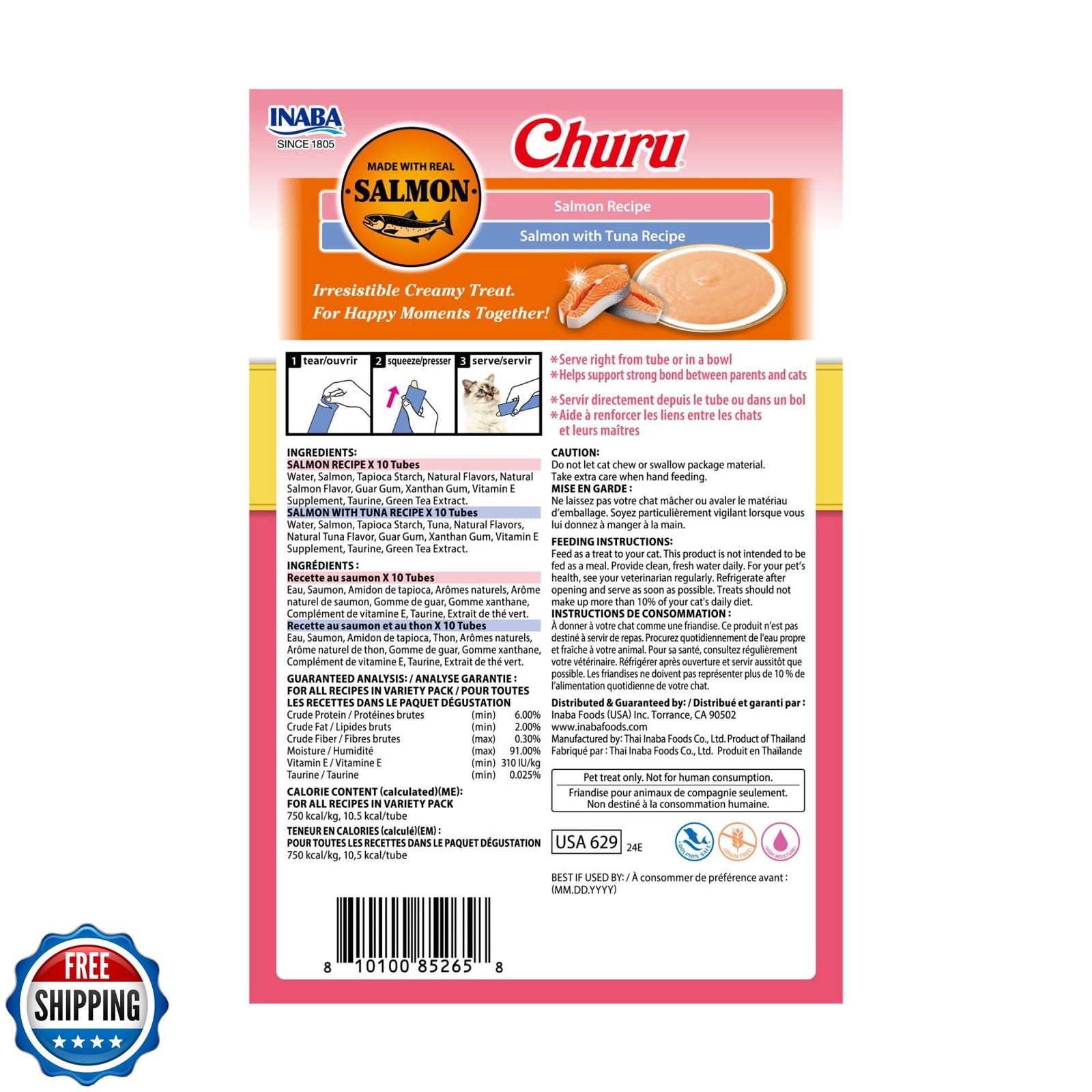 INABA Salmon Churu Cat Treats, Lickable, Squeezable Creamy Purée Cat Treat wi