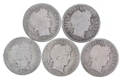 Better Lot 5 1905-O 1900-S 1901 1906-O 1908-D Barber Dime 0.50 Face *157