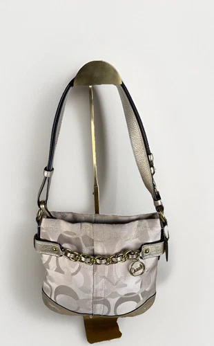 Coach Borsa a Tracolla Tracolla Metallo Oro Beige Tela Pelle Swing Medium