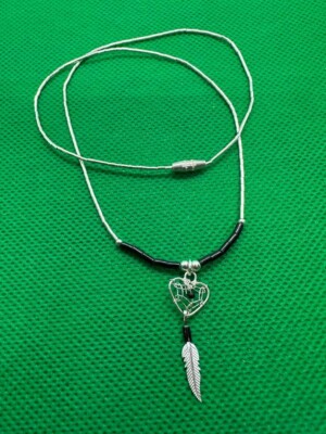STERLING SILVER Dream Heart Catcher Necklace Black Silver Feathers 16 inch B1