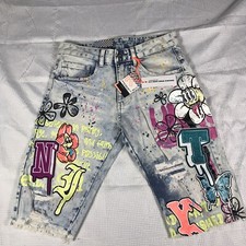 Smoke Rise Men s Distress Stone Jem Patch Floral Blue Denim Jean Shorts 30 x 12