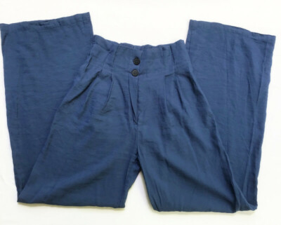 Bershka Pants Womens Size 2 Blue Relaxed Wide Leg High Rise Pleated Waist Flowy