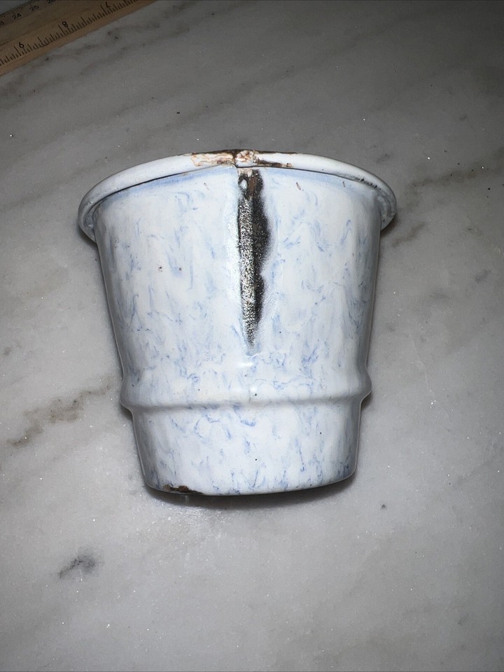 Rare Vintage French Enamel Pot Cristaux Blue White Black Soap Crystals