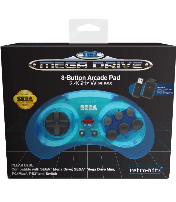 Controller Retro-Bit SEGA Mega Drive Wireless 2.4G Ufficiale - Blu Trasparente