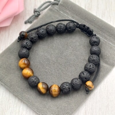 LAVA STEIN & TIGERAUGE Heilung Kristall Edelstein Chakra Kordel Armband 8 mm