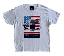 CHAMPION LIFE Mens Tee USA Flag Big C Script Logo SS T-Shirt White NWT LARGE    