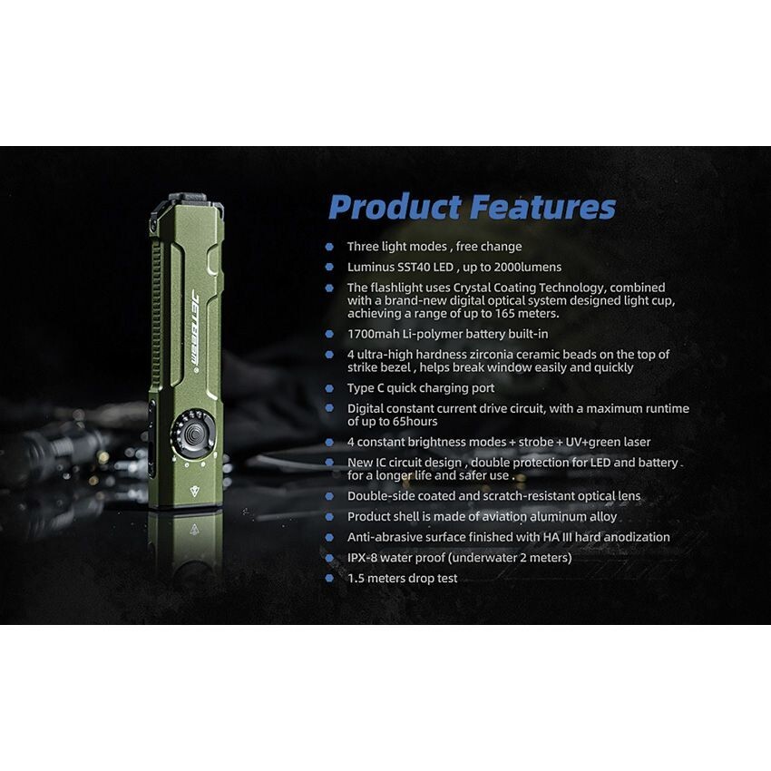 Lampe Torche Rechargeable JETBeam 3 En 1 - Blanc, UV Et Laser Vert, 2000 Lumens, Design Plat Et Portable