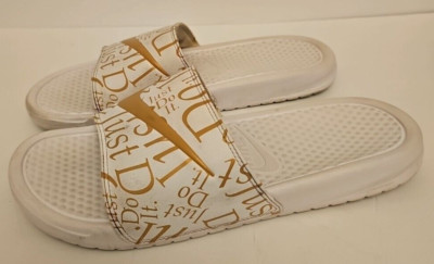 Nike Women's Benassi JDI Print Slides Sandals Textured Footbed White/Gold Sz 11