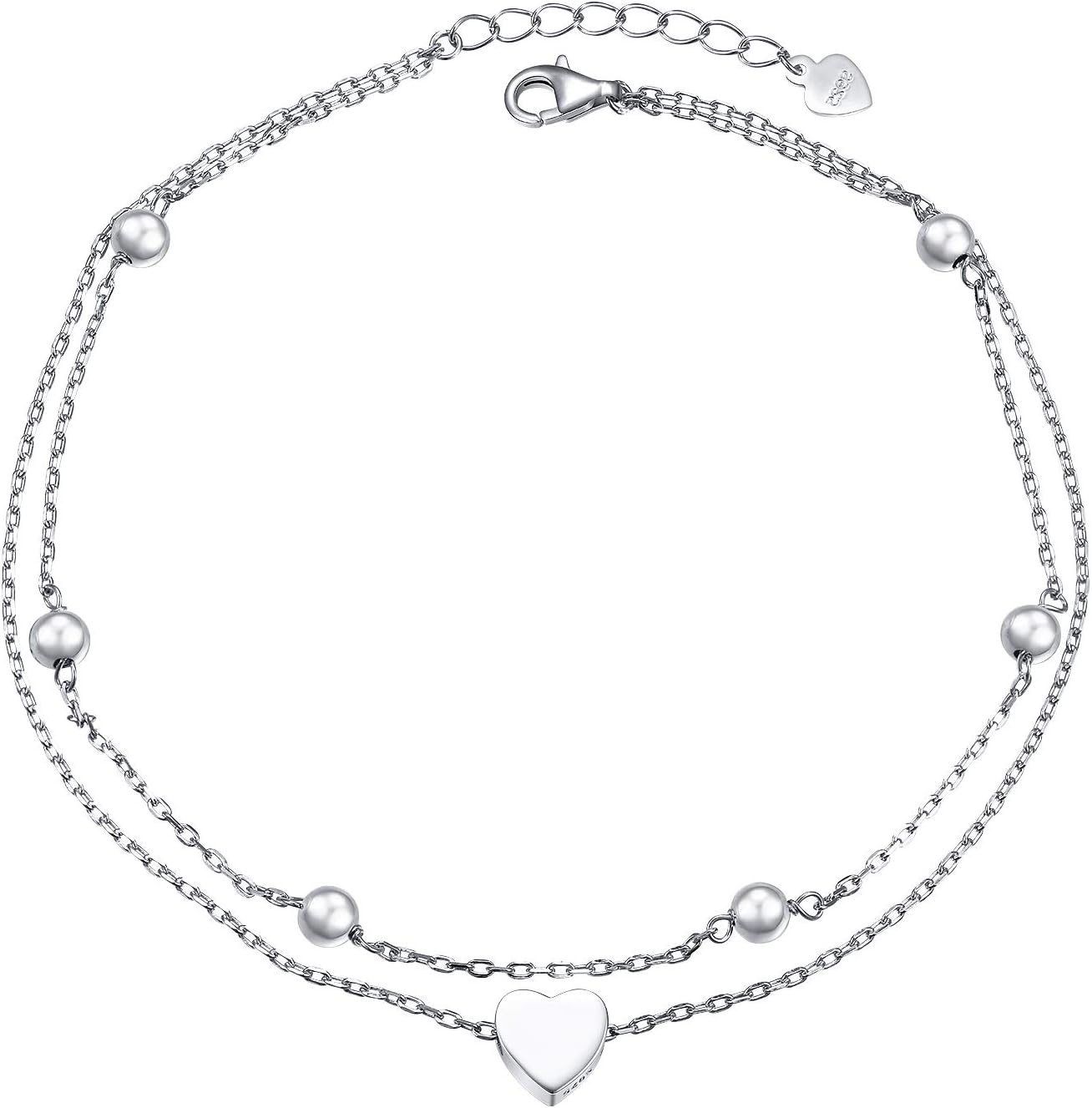 Anklet for Women S925 Sterling Silver Adjustable Foot Beaded Heart Charm Ankle B-image