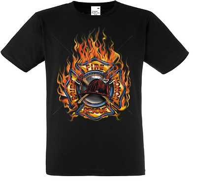 T-Shirt IN Nero con Un Pompieri Firefighter Disegno Modello Fuoco