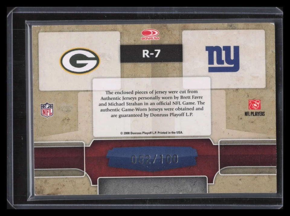 2008 Donruss Gridiron Gear Rivals Jerseys 7 Strahan Favre Dual Jersey 2/100 - Image 2 of 2
