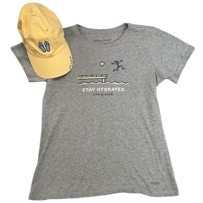 Life Is Good Women's Crusher T Gray Stay Hydrated Medium Adjustable Hat Included