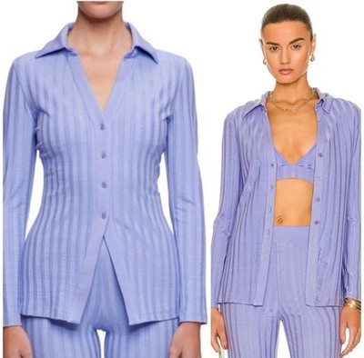 Jonathan Simkhai Hollis ribbed button down top L Large Blue Long Sleeve NWT $225