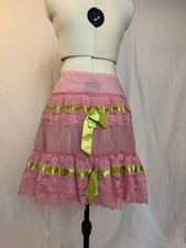 Vintage early 2000s Betsy Johnson pink lace ruffle skirt w green ribbon inserts