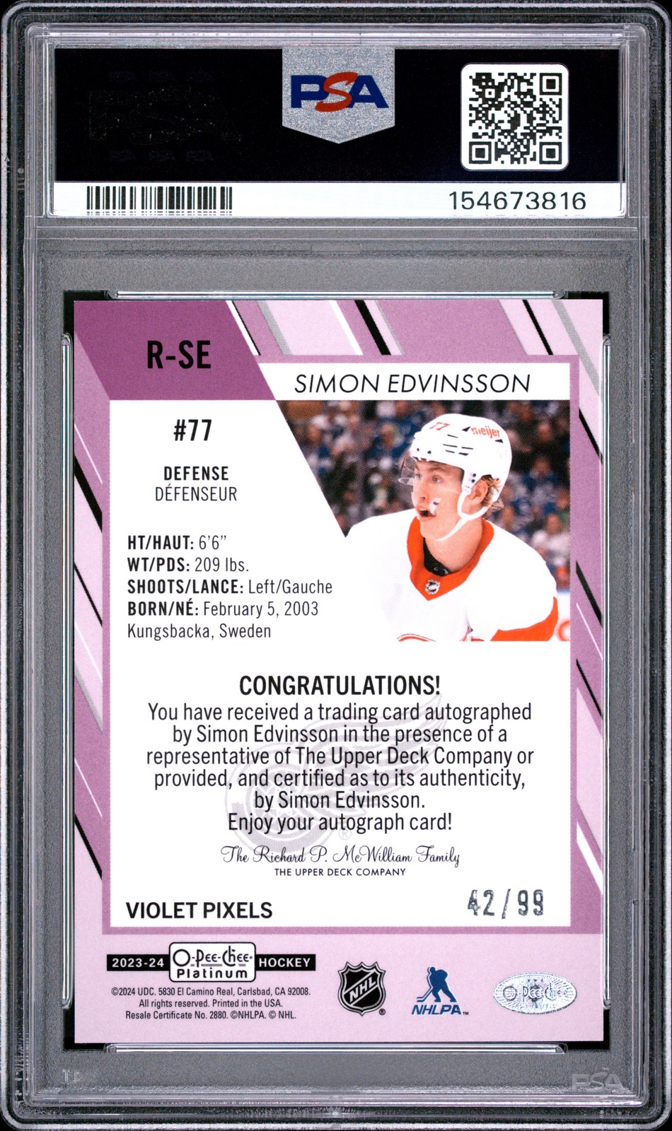 2024 O-PEE-CHEE PLATINUM UPDATE AUTO VIOLET PIXELS SIMON EDVINSSON RC /99 PSA 10 view 2