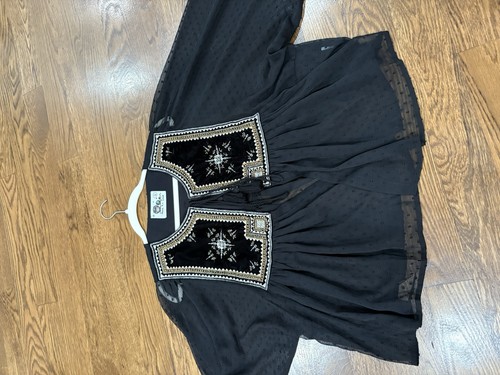 Owls Peace + Love Top Black Sheer Velvet Embroidered L - Picture 7 of 12