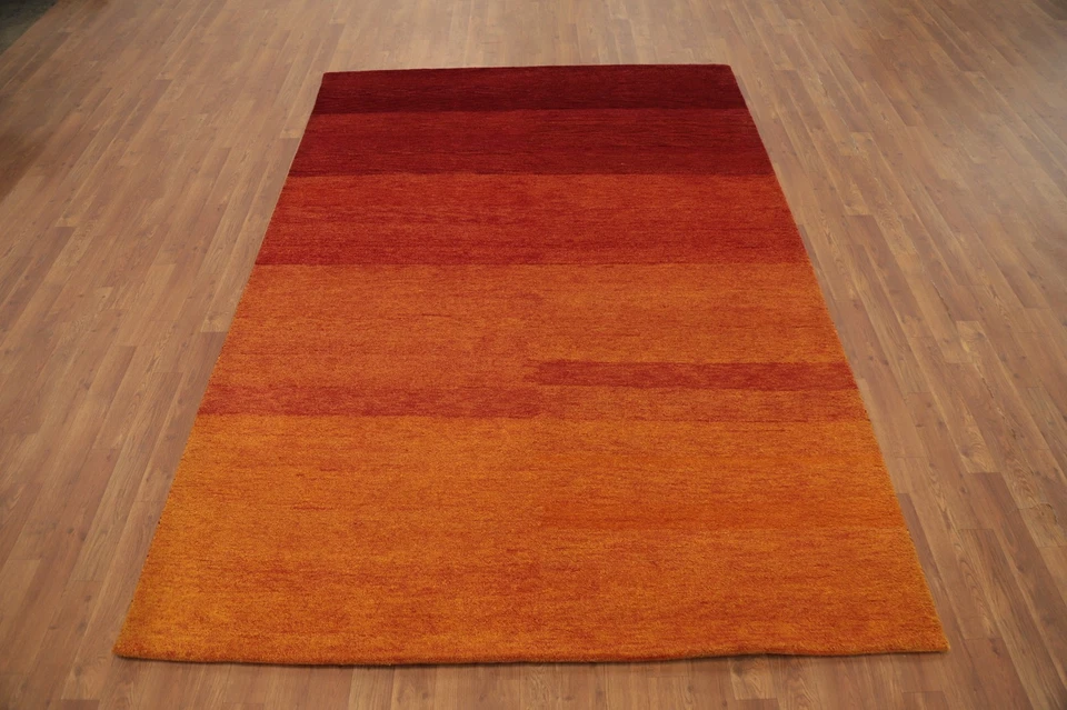 Alfombra moderna hecha a mano de lana naranja 6x8 en tonos cálidos de puesta de sol degradado de lujo Foto 4 de 4