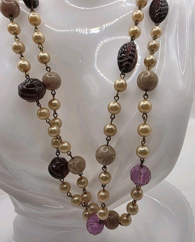 Retro Vintage 28 Inches Wrap Necklace Ivory, Lavender, Tan And Purple Beads