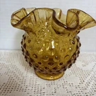 VINTAGE FENTON HONEY AMBER MARIGOLD GLASS HOBNAIL RUFFLED EDGE VASE 4.25” EUC