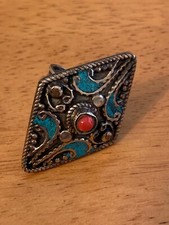 Tibetan Turquoise, Coral Adjustable Ring.  T-14